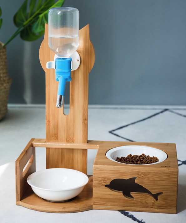 Pet Dispenser Bamboo Adjustable Drinking Fountains