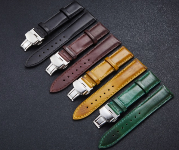 Genuine Leather Watch Strap With Stitch Black Darker Yellow Green Brown 20 22mm