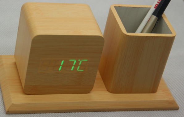 Wooden Pen Container LED Desk Clock Natural Wood Materials Child Gift