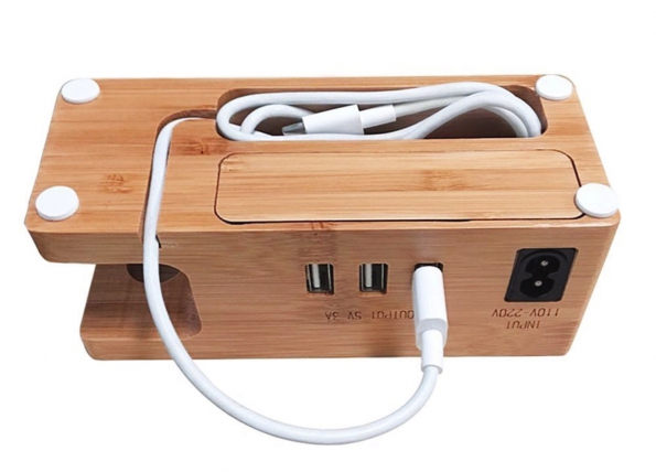 Mini Style Bamboo Cell Phone Watch Stand With USB Charging Hub 3X