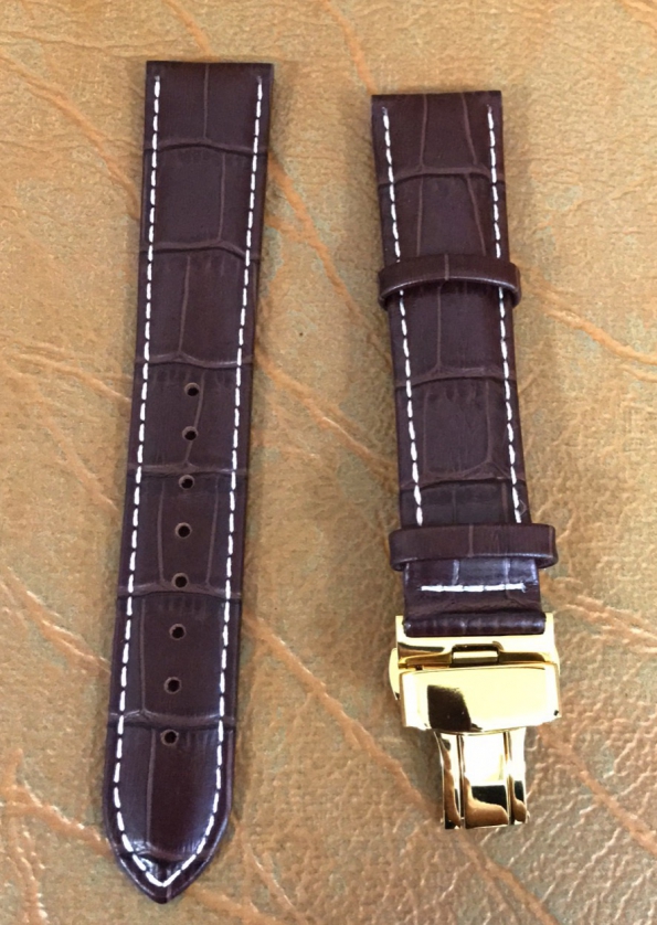 Brown Leather Watch Strap With Butterfly Buckle Gold Color White Stitching Line