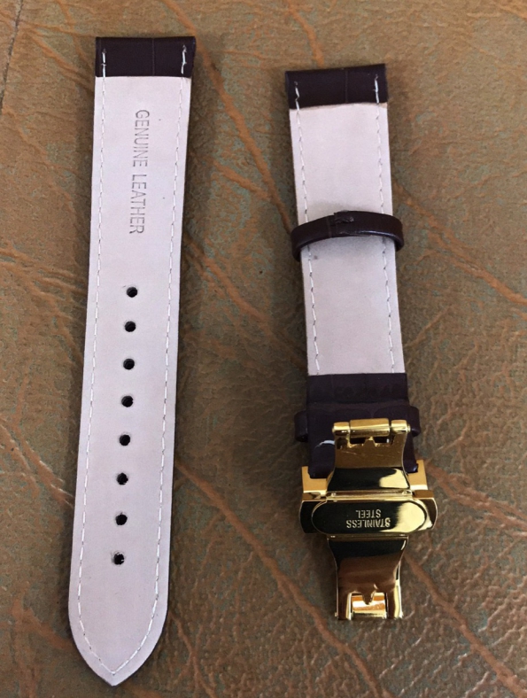 Brown Leather Watch Strap With Butterfly Buckle Gold Color White Stitching Line