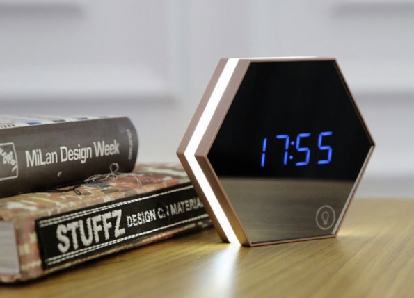 Mirror LED Clock Multi Functioned Hexagon Shape Digital Desk Clock with Function of LED Night Light 